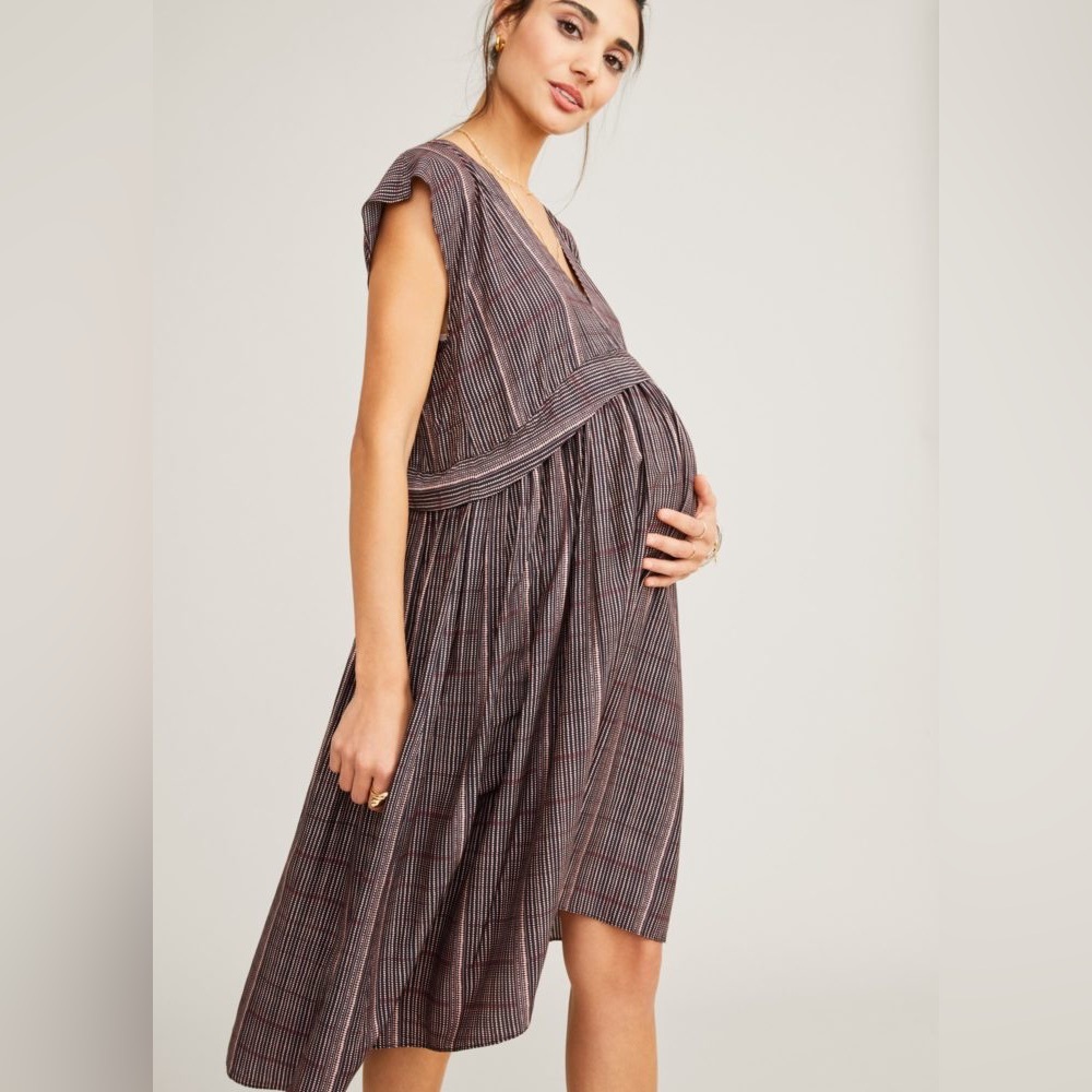Hatch Striped V-Neck Maternity Dress in Brown and Black